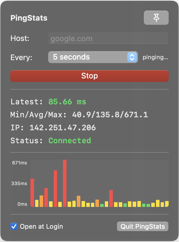 PingStats popup UI showing live stats and bar graph
